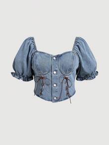 Sweetra Women's Plus Size Tie-Front Petal Sleeve Cropped Denim Top, Summer - Light Wash - View 1