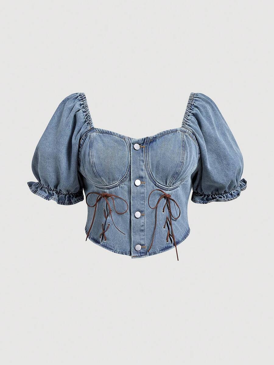 Sweetra Women's Plus Size Tie-Front Petal Sleeve Cropped Denim Top, Summer - Light Wash - View 1