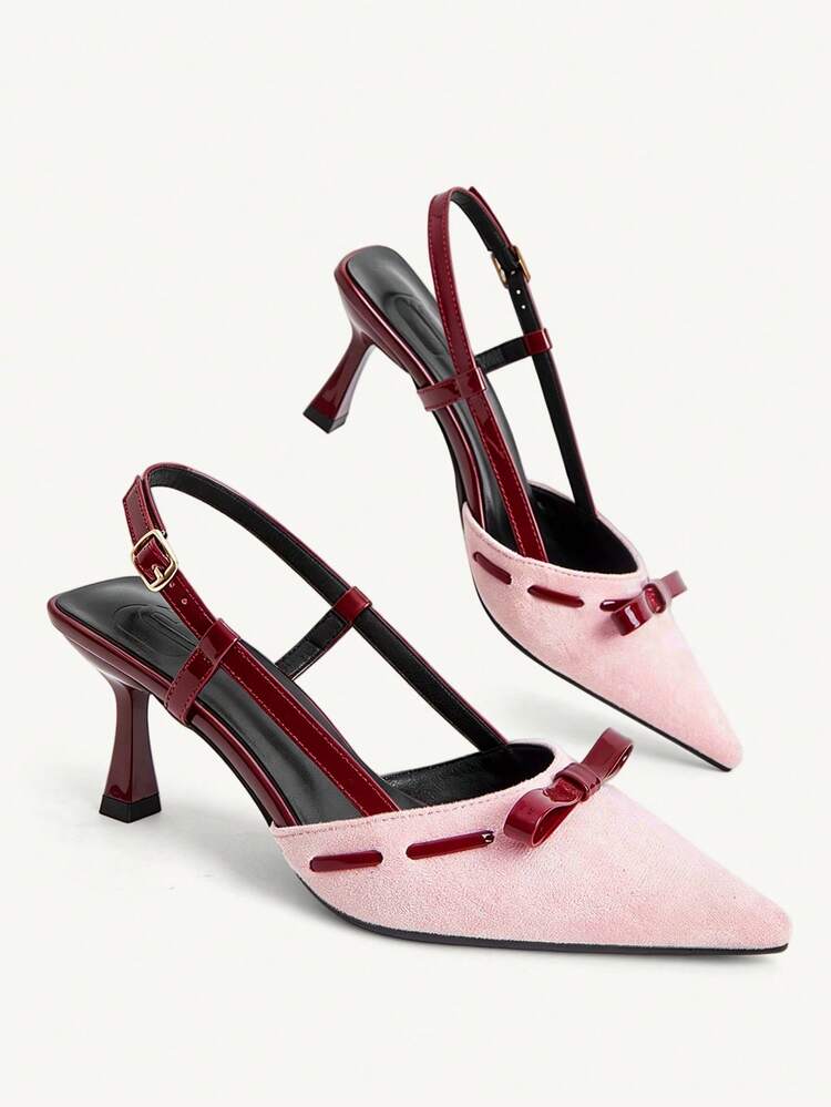 CUCCOO CHICEST 粉色酒紅配色尖頭蝴蝶結女款涼鞋，夏季新款漆皮拼接鏤空細高跟鞋 - 粉色 - 查看 1