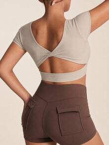 SHEIN BAE Áo thun thể thao nữ tay ngắn hở lưng thiết kế xoắn - Màu Khaki - Xem 3