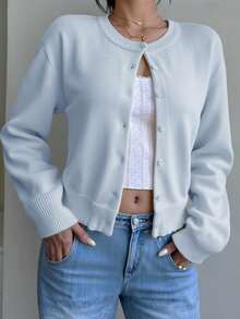 SHEIN 青少年女孩休閒百搭素色開襟衫 - 淺藍色 - 查看 6
