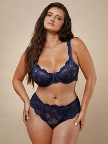 SHEIN BAE CURVE 2pcs/Set Plus Size Lace Sexy Bra And Panty Lingerie Set, Minimalist & Fashionable For Casual And Daily Wear, Lift - Navy Blue - View 1