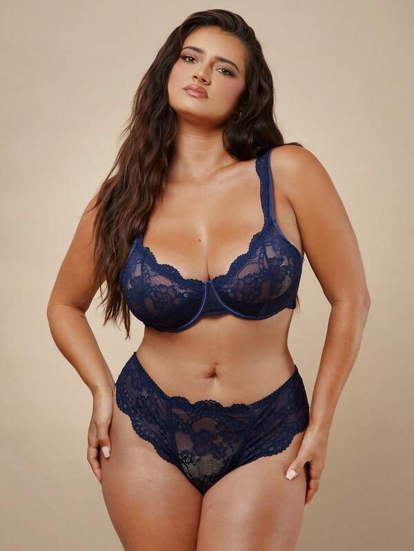 SHEIN BAE CURVE 2pcs/Set Bra dan Celana Dalam Seksi Berenda Ukuran Plus, Minimalis & Modis untuk Pemakaian Kasual dan Sehari-hari, Mengangkat