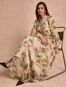 Enchnt Premium Pre-Fall Romantic Women's Elegant Apricot Stylish Silhouette Print Long Dress,Festival Outfits,Casual Dress,Work Outfits,Office Wear - Coffee - View 4