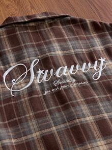 SWAVVY Men's Letter Print Plaid 2 In 1 Patchwork Casual Daily Shirt - Khaki - View 5