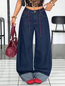 Jeanoix Women's Ultra Low Waist Wide Leg Jeans With Extra Wide Cuffs - Blue - View 6