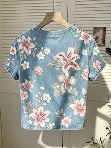 Resyla 女款休閒戶外運動上衣，夏季新款，圖案設計，藍色，花卉，度假，學生，女款短袖T恤 - 彩色 - 查看 2
