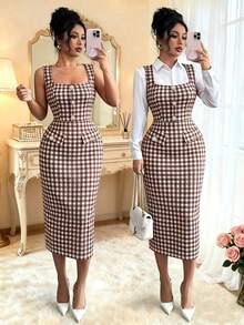 Elenzga Vintage Brown & White Plaid Square Neck Sleeveless Fitted Bodycon Elegant Midi Dress For Women - Multicolor - View 1