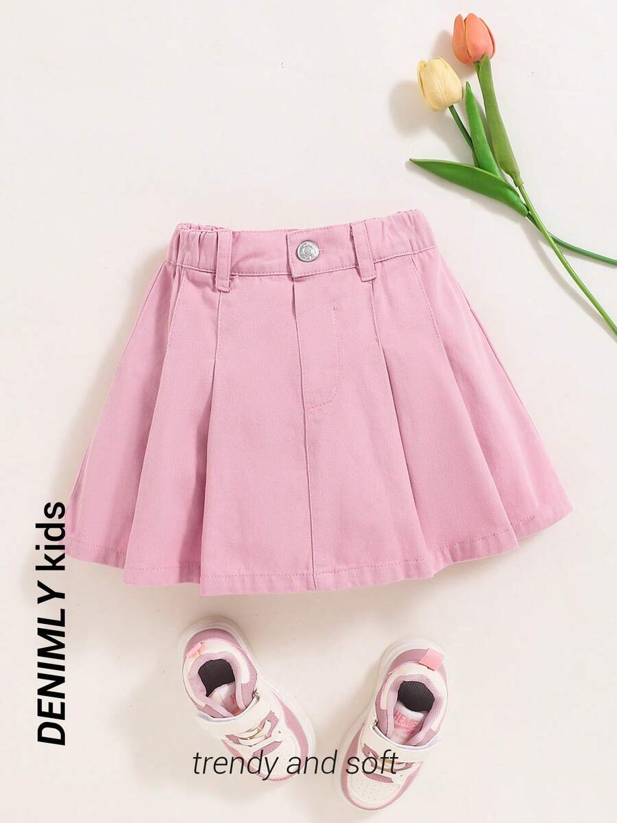 SHEIN 年轻女孩舒适柔软水洗休闲时尚褶皱牛仔裙,夏季 - 粉色 - 查看 1