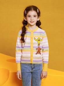 TOM & JERRY X SHEIN Tween Girl Cartoon Animal Stripe Print Round Neck Cardigan - Multicolor - View 6
