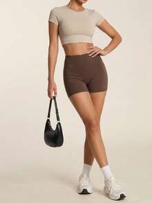 SHEIN BAE Áo thun thể thao nữ tay ngắn hở lưng thiết kế xoắn - Màu Khaki - Xem 6