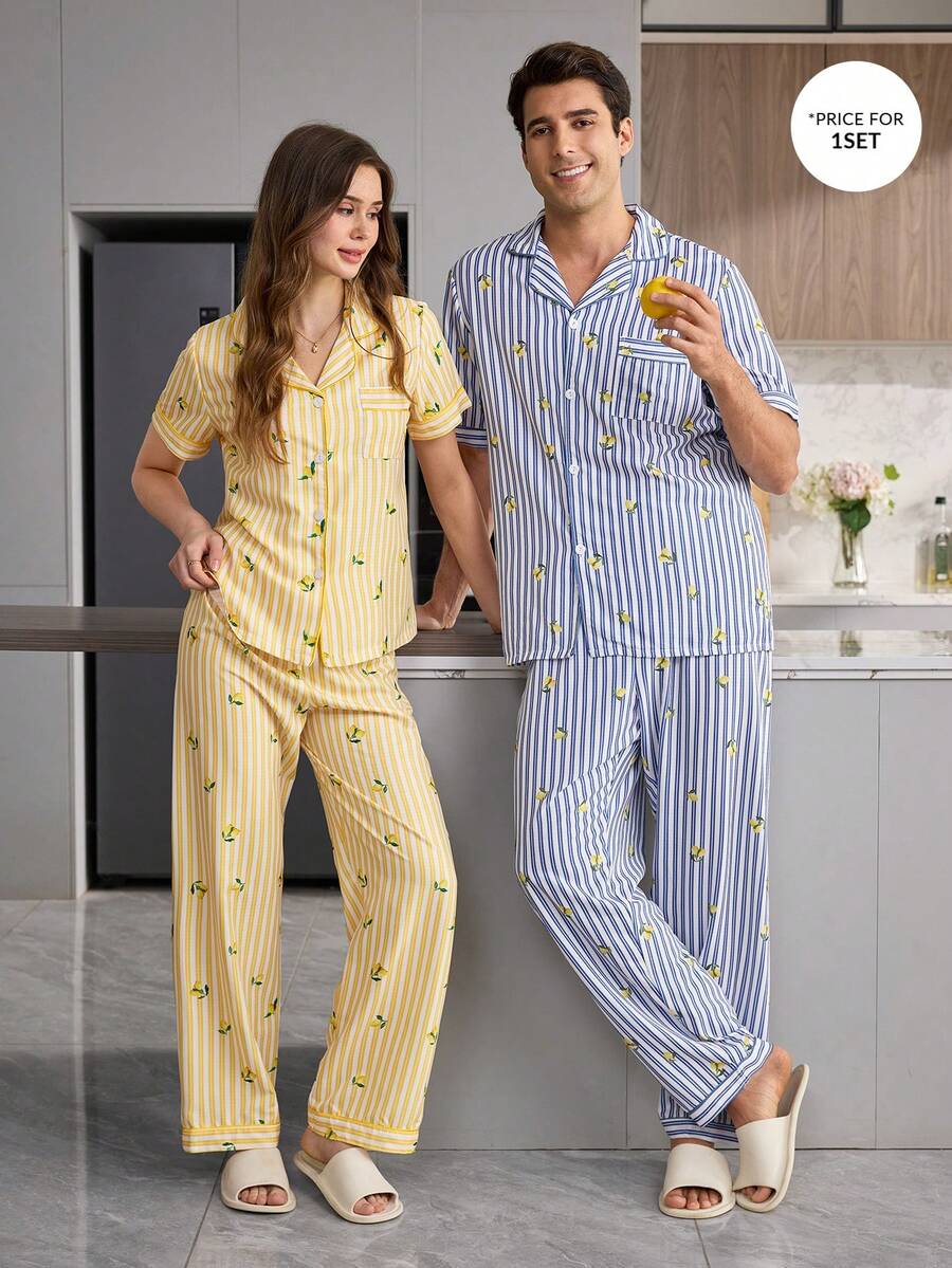 CoupledUp Set Piyama Pria dengan Bagian Depan Terbuka, Motif Garis Lemon Berkerut Gelembung, Lengan Pendek dan Celana Panjang - Biru - View 1
