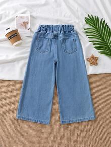 SHEIN Elladie kids 女童淺藍色牛仔寬腿長褲，夏季新品，休閒可愛復古慵懶女孩風，彈性高腰側縫口袋設計，寬鬆舒適寬腿版型，適合返校季、畢業季、兒童節、派對、城市活動、旅行、通勤，休閒復古穿搭，兒童牛仔長褲 - 中等水洗藍 - 查看 2