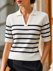 SHEIN Franclia 新款夏季韓系溫柔風休閒通勤百搭女款 Polo 領針織上衣 - 黑與白 - 查看 6
