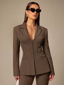 Silquee This Elegant, Slim-Fit Brown Long-Sleeve Blazer Features A Lapel Collar And A Bodice-Style Construction With Waist Seams, Making It Suitable For Both - Brown - View 6