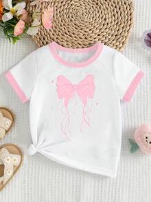 Elladie kids 女童幼兒四季時尚簡約粉色蝴蝶結圖案印花休閒基礎短版T恤，舒適日常穿著 - 彩色 - 查看 4