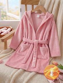 SHEIN 女童返校服裝 素色保暖內裡加厚毛絨連帽長袖綁帶家居服浴袍睡衣 秋冬套裝 - 粉色 - 查看 4