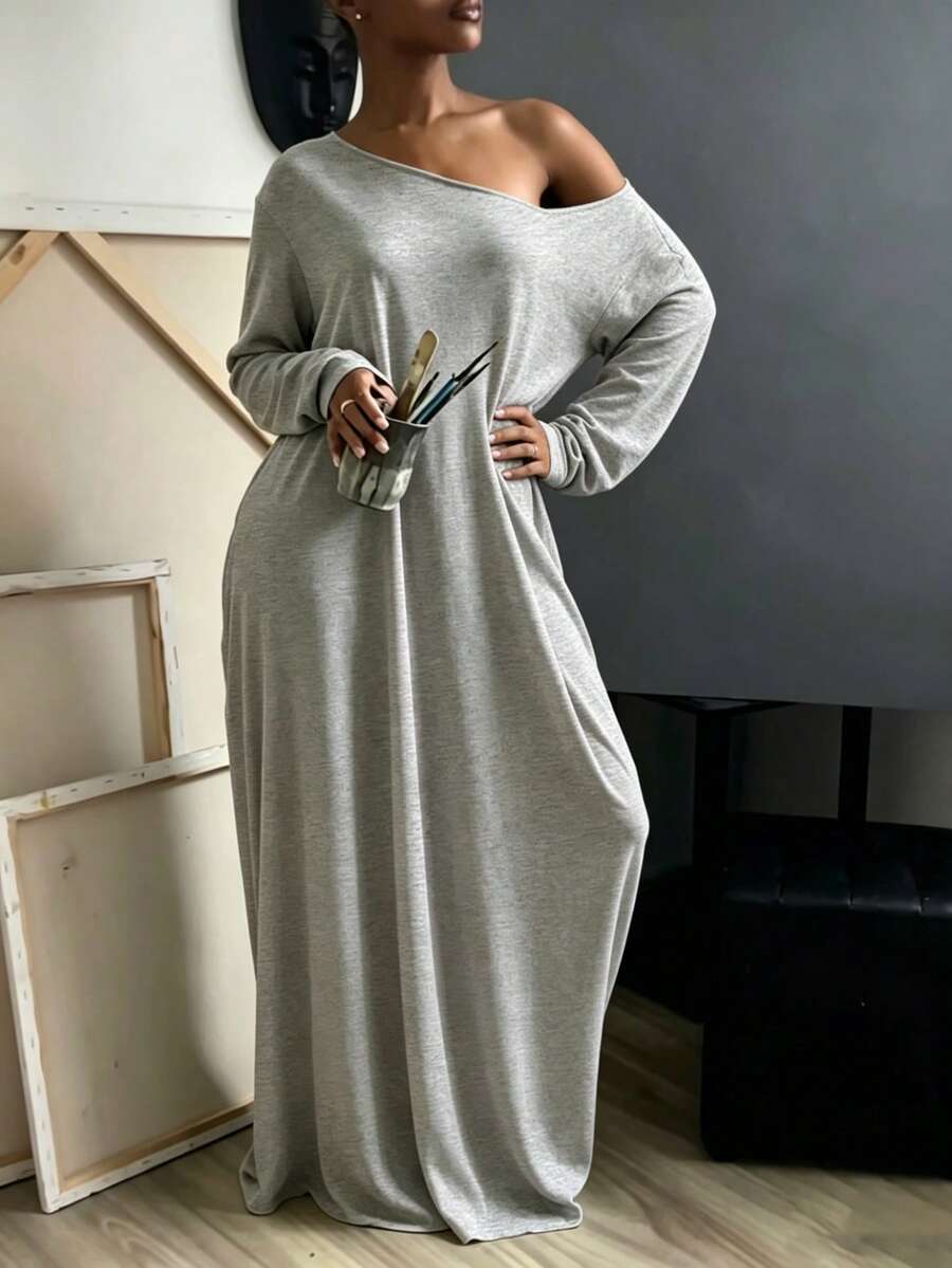 INAWLY Solva Gaun Panjang Kasual Wanita Warna Polos dengan Bahu Asimetris untuk Sehari-hari - Grey - View 1