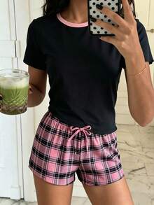 青少年女孩休閒寬鬆極簡風圓領短袖短褲家居服，適合春夏穿著 - 彩色 - 查看 2