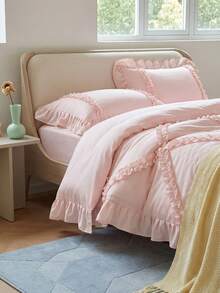 3pcs Korean Style Ruffled Bedding Set, White & Pink Duvet Cover Queen Size - Super Soft Duvet Cover Series - Lightweight, Breathable Bedding (Queen, White) - Baby Pink - View 6