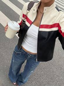 SHEIN EZwear 秋冬拼色PU皮革防風夾克 - 深灰色 - 查看 6