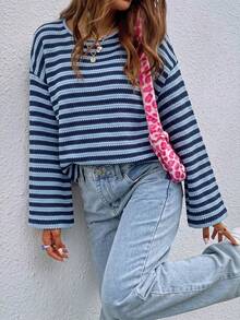 SHEIN LUNE Women's Blue Striped Slouchy Crew Neck Loose Knit Slimming Versatile Long Sleeve T-Shirt - Multicolor - View 4