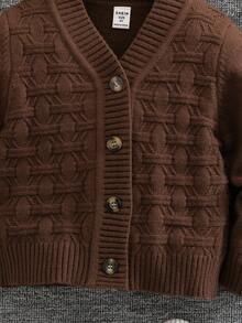 SHEIN Young Boy Solid Color Textured Long Sleeve Single-Breasted Knit Cardigan - Brown - View 7