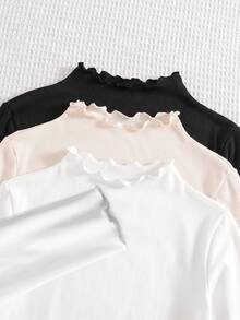 Tween Girl 3pcs Casual All-Match Versatile Solid Color Ribbed Lettuce Trim Mock Neck Tee - Multicolor - View 2