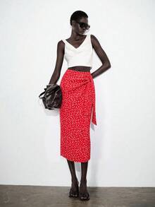 SHEIN x Tata & Beatriz Lumivelle 女款優雅深咖啡色高腰開衩綁帶抓褶不對稱緊身連身裙，度假穿搭 - 酒紅色 - 查看 7