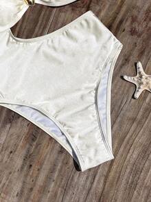 SHEIN Swim 吊带、腰部镂空、金属装饰设计女士优雅连体度假连衣裙 - 米色 - 查看 3