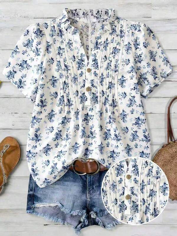 SHEIN Franclia Fashion Romantic Casual Elegant Vacation Women's Blouse With Ruffle Collar, Half-Open Front, Fitted Chest Pleat Design, Floral Print, Comfortable Soft Fit, Suitable For Romantic Vacation, Date, Holiday And Versatile Occasions, Summer, Autumn And Winter For Women, Elegant Blouse, Casual Top, Vacation, Formal Shirt, Country Style Shirt, Commuter, Floral Blouse, Outing Top, Blue Blouse