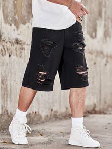 Manfinity Roghcode Men's Casual Daily Shorts With Pocket, Button And Distressed Design - Black - View 3