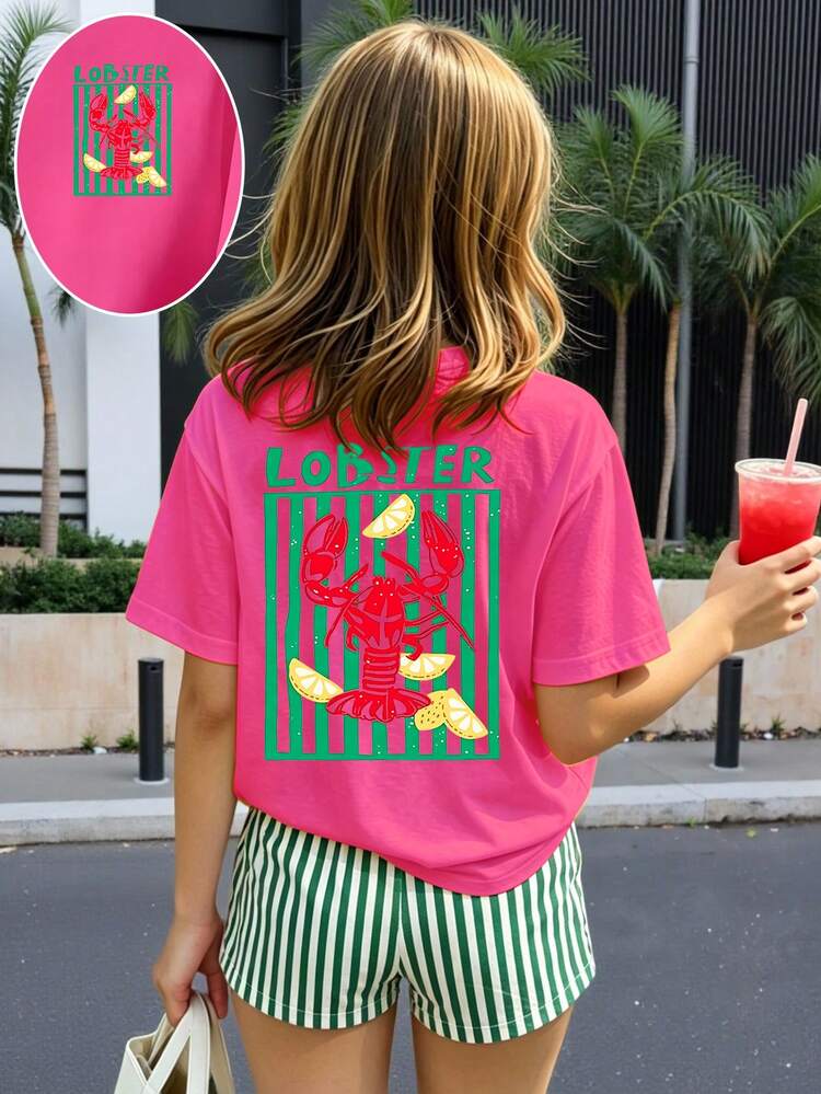 Girls' Fresh Fashion Creative Red & Green Striped Lobster Letter Slogan Print Basic Short T-Shirt & White & Green Vertical Striped Shorts Set - Multicolor - View 3