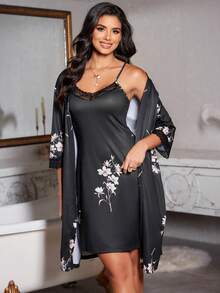 SHEIN 2pcs Contrast Lace Printed Camisole Sleepwear Dress & Robe Set - Black - View 5