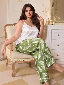 SHEIN Plus Size Satin Camisole + Fresh Botanical Print Pajama Pants 2 Pieces Set - Green - View 5
