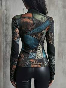 Trelyra Autumn Fitted Patchwork Print T-Shirt, Vintage Casual Top - Black - View 3