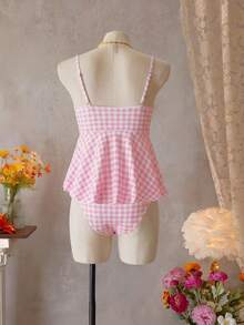 Swim Mod Conjunto de 2 piezas de ropa de playa para mujer primavera/verano, top de tirantes ajustables con lazo y braguita de bikini, estampado aleatorio de cuadros en tonos pastel multicolor, estilo moderno, lindo y sexy, para vacaciones, playa, piscina y fiesta - Multicolor - Ver 2