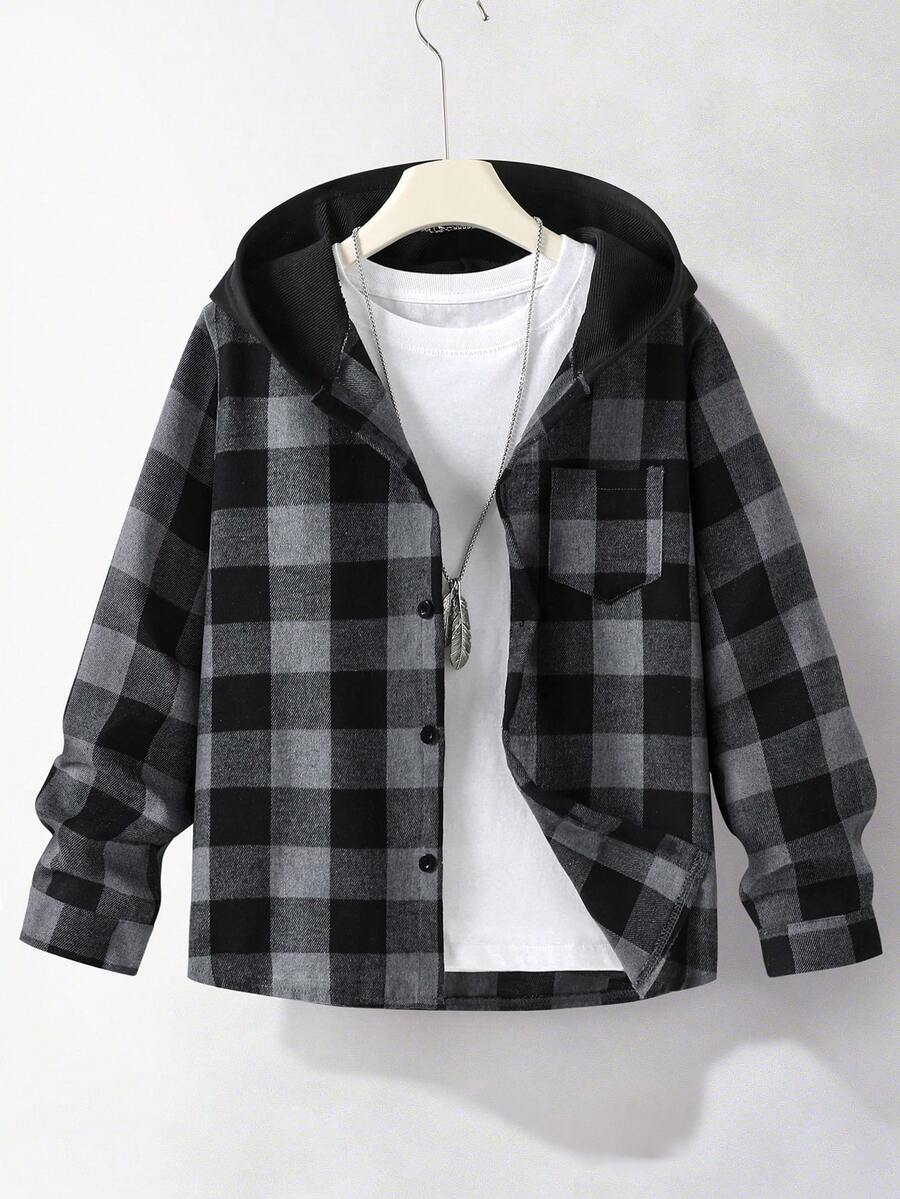 SHEIN Vacaura 1件青少年男孩休閒格紋印花連帽開襟襯衫,舒適面料,獨特版型,秋季新款,適合休閒活動、返校及多種場合 - 深灰色 - 查看 1
