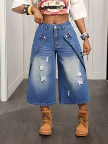Slaydiva Women's Casual Daily Wear Denim Jeans With Pocket, Button And Distressed Design - Blue - View 1