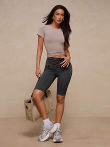 Glamine Women's Summer Casual Sports Pleated Design Fitted Athletic Leggings - Dark Grey - View 5
