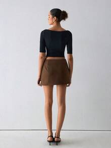ATUI Studio Women's Fashion Sexy All-Match Solid Color Mini Skirt, Slim Fit Bodycon Anti-Exposure Versatile Leather Vintage Hot Girl Style Going Out Dark Brown Autumn - Brown - View 3