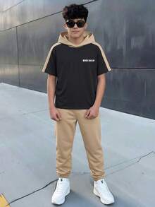 SHEIN 兒童青少年男孩休閒街頭時尚拼色拼接連帽短袖T恤上衣與卡其色長褲套裝，適合通勤、上學、日常休閒外出、運動，適用春、夏、秋季 - 卡其色 - 查看 6