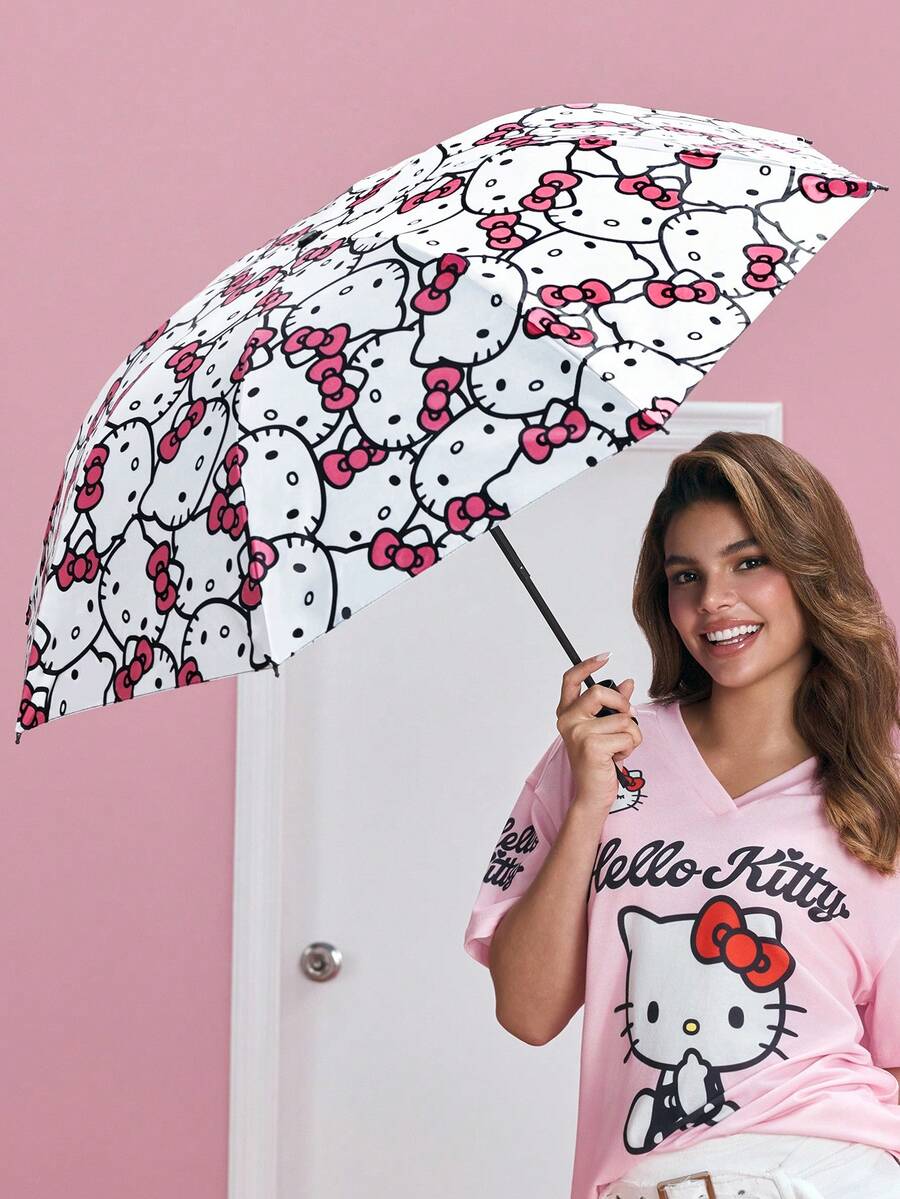 HELLO KITTY AND FRIENDS | SHEIN Cute White Cat With Pink Bow Print 3-Fold Umbrella, Sun Protection & Rainproof Dual-Use Parasol, Compact Portable For Travel & Daily Use - Pink - View 1