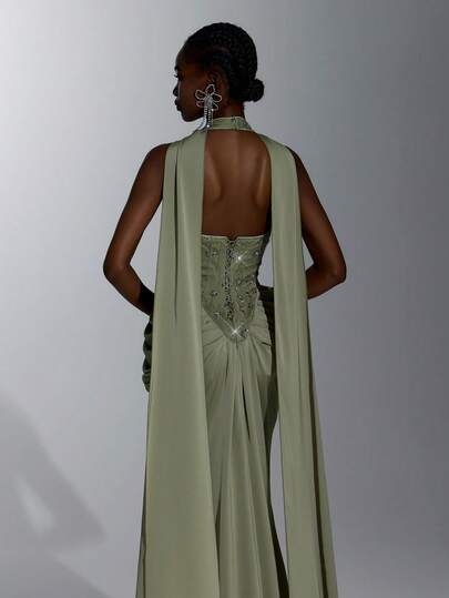 Elitara Elegant Romantic Fashionable Dignified Sexy Green Sequin Embroidery Satin Patchwork Halter Neck Pleated Decor Mermaid Skirt Elegant Party Dress Party Vacation Birthday Wedding Guest Dress Bachelorette Party Dress Bridesmaid Dress Formal Evening Gown (Free Shawl)