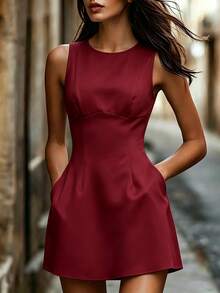 SHEIN 女款春夏新款淡黃色收腰無袖休閒短洋裝，適合度假、節慶、日常與優雅派對 - 酒紅色 - 查看 3