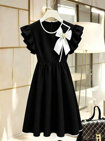 GlowEve CURVE Plus Size Women Spring/Autumn Solid Color Black & White Contrast, Detachable Bow Decor Round Neck Short Flutter Sleeve, Thin, Zipper, Waist-Cinching A-Line Fashion Elegant Calf-Length Dress, Suitable For Dating, Shopping, Commuting, Daily Wear