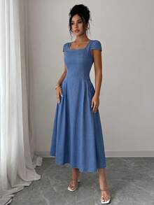 Elenzga Women's Summer Casual Square Neck Denim Dress - Blue - View 8
