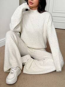 SHEIN PETITE Women's Solid Color Long Sleeve Top And Pants Casual Daily Knit 2 Pieces Set - Apricot - View 1