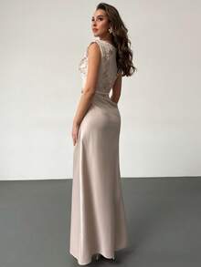 RiviMae Seductive Summer Beige Women's Elegant Embroidered Mesh Hollow-Out Bodycon Long Dress, Sleeveless Pleated Asymmetric Patchwork Formal Dinner Gown - Dusty Pink - View 7