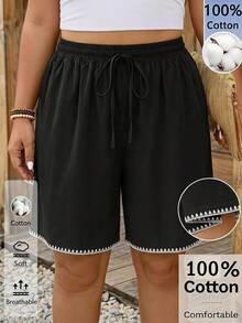 Comfylo Contrast Color Shell Embroidery Plus Size Women's Waist Tie Shorts - Black - View 1